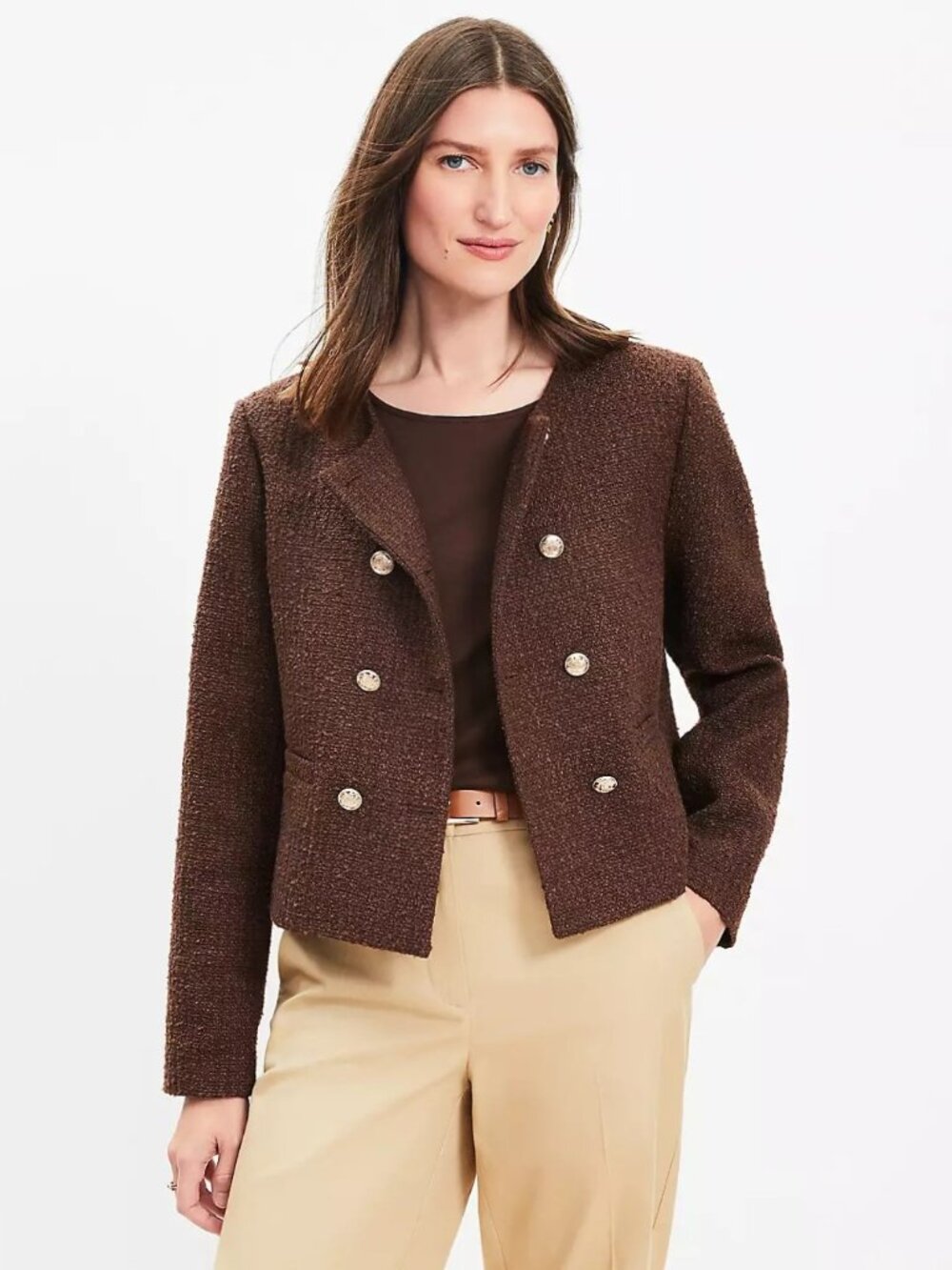 LOFT Brown Textured Open Front Cropped Blazer